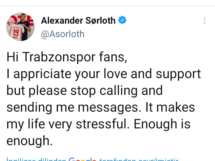Alexander Sörloth Sosyal Medya hesabından Yeter Artık dedi